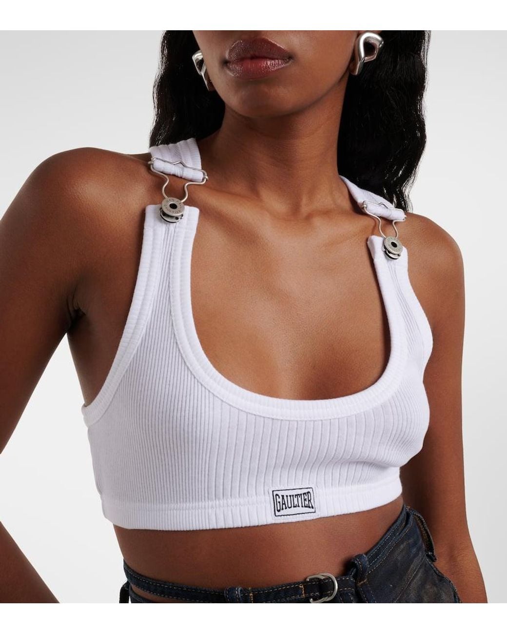 Jean Paul Gaultier Ribbed-Knit Cotton Jersey Bra Top in White | Lyst