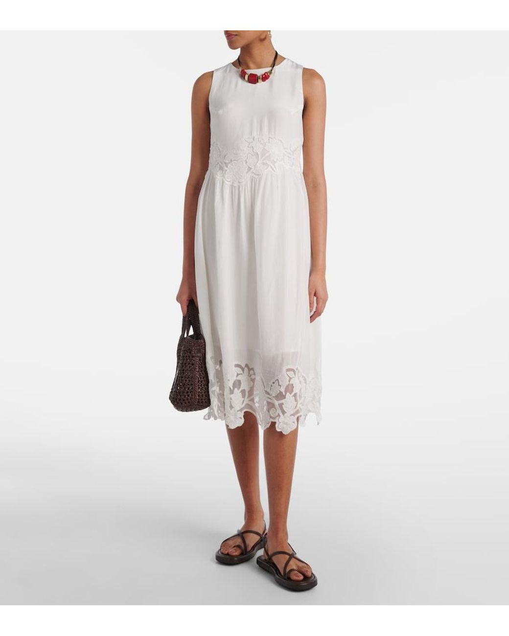 Velvet White Bianca Lace-Trimmed Midi Dress