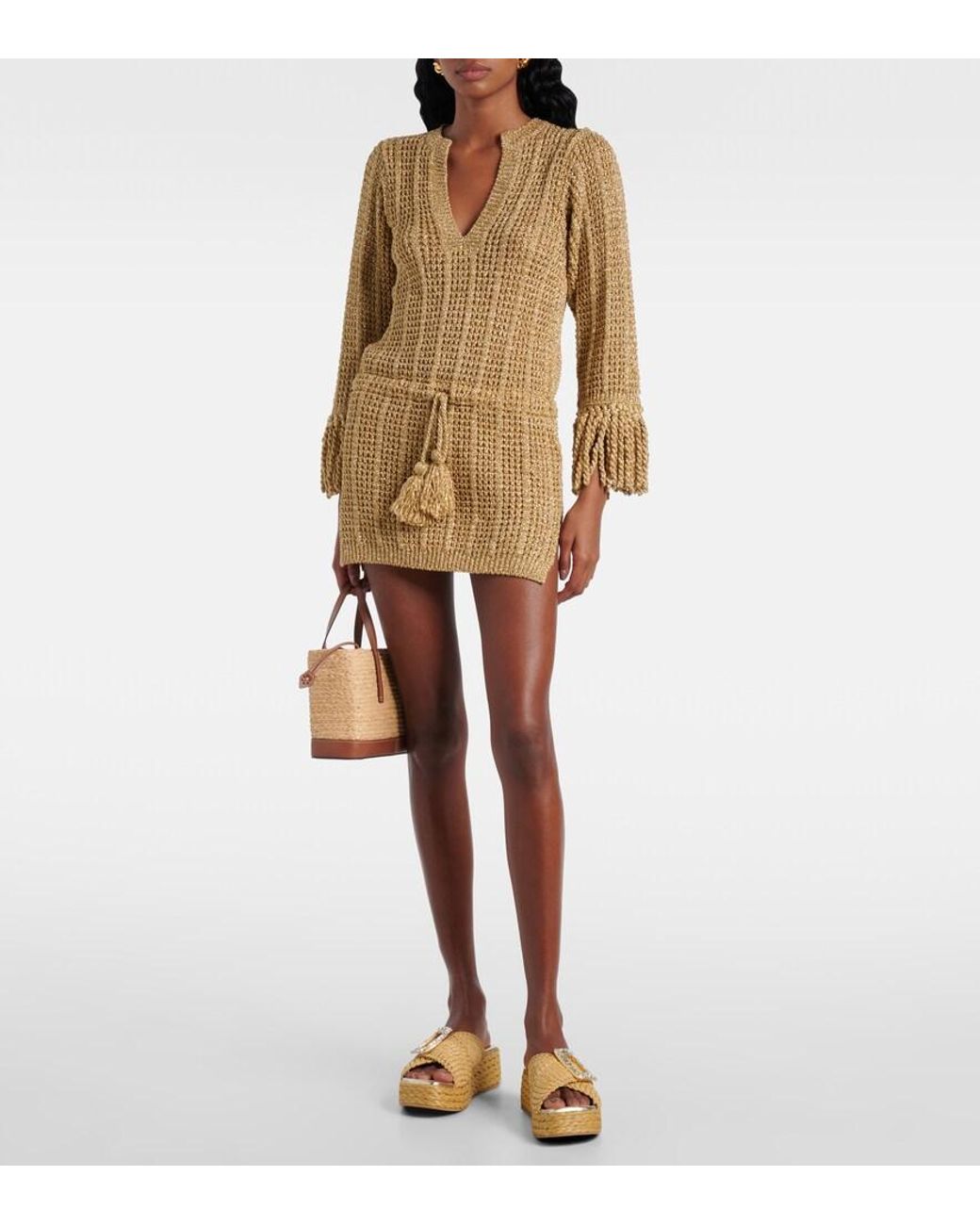 Roger Vivier Metallic Embellished Raffia Espadrille Slides