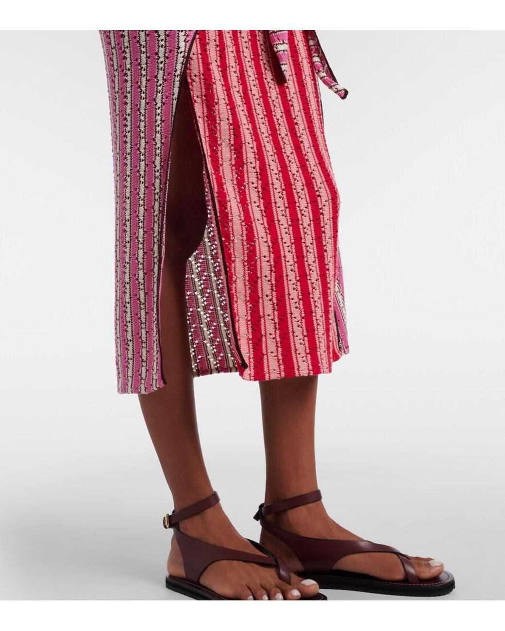 The Attico Red Striped Crochet Cotton Midi Dress
