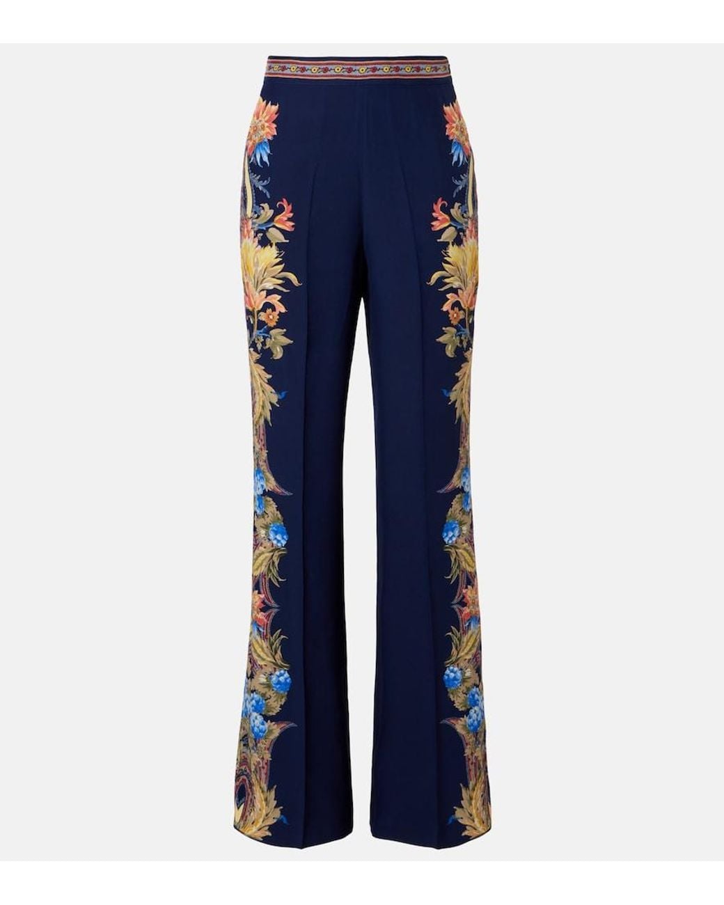 Etro Blue Floral Silk Straight Pants