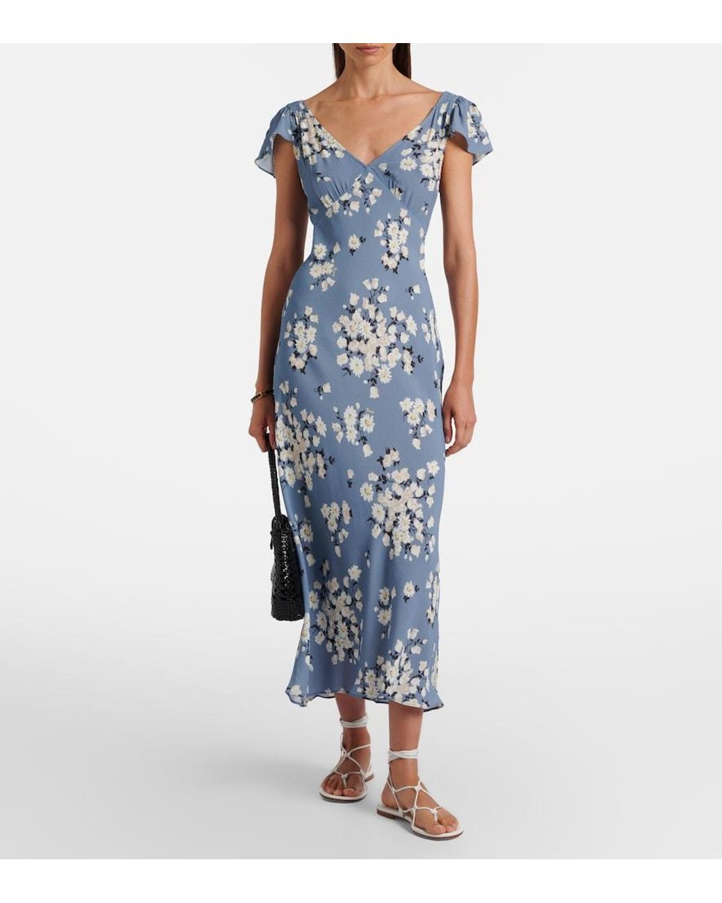 Rixo Blue Cathy Floral Crepe Midi Dress