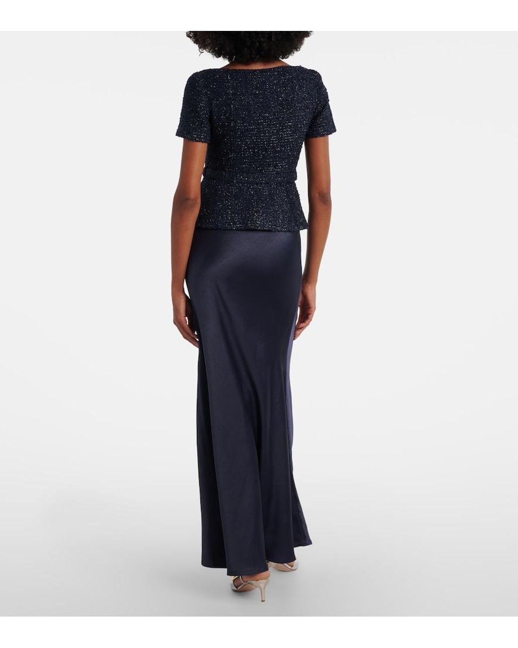 Self-Portrait Blue Embellished Boucle And Satin Maxi Dress