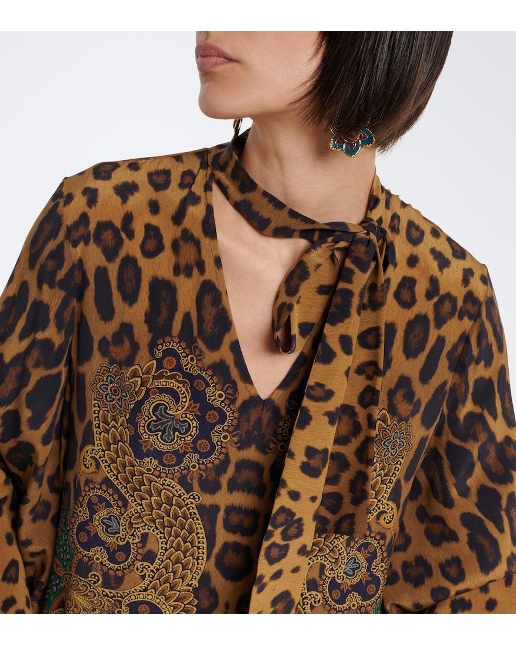 Etro Brown Leopard-Print Tie-Neck Silk Maxi Dress