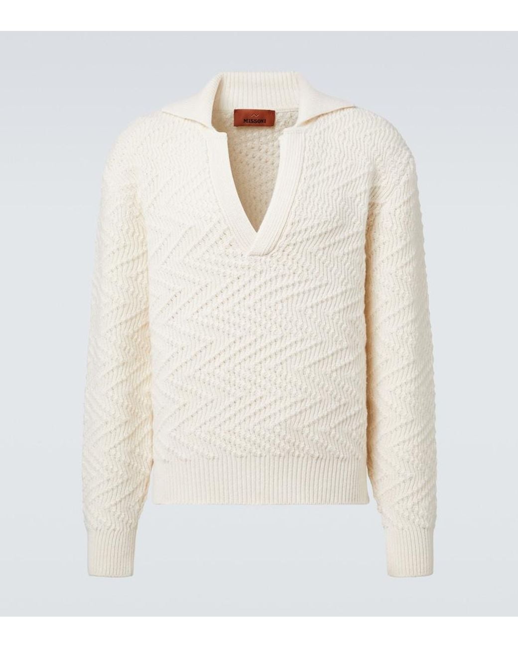 Missoni White Zigzag Wool-Blend Polo Sweater for men