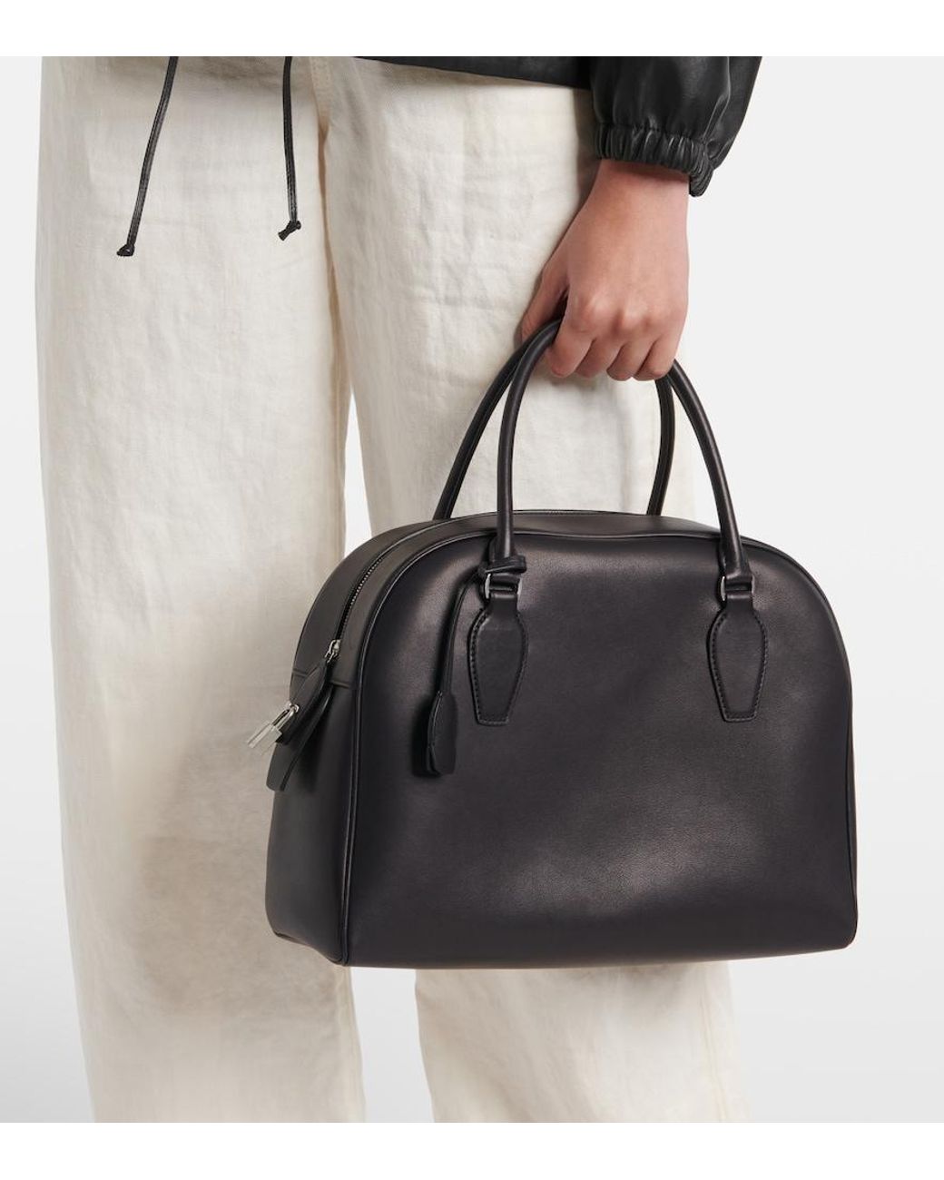 The Row Black India Medium Leather Tote Bag