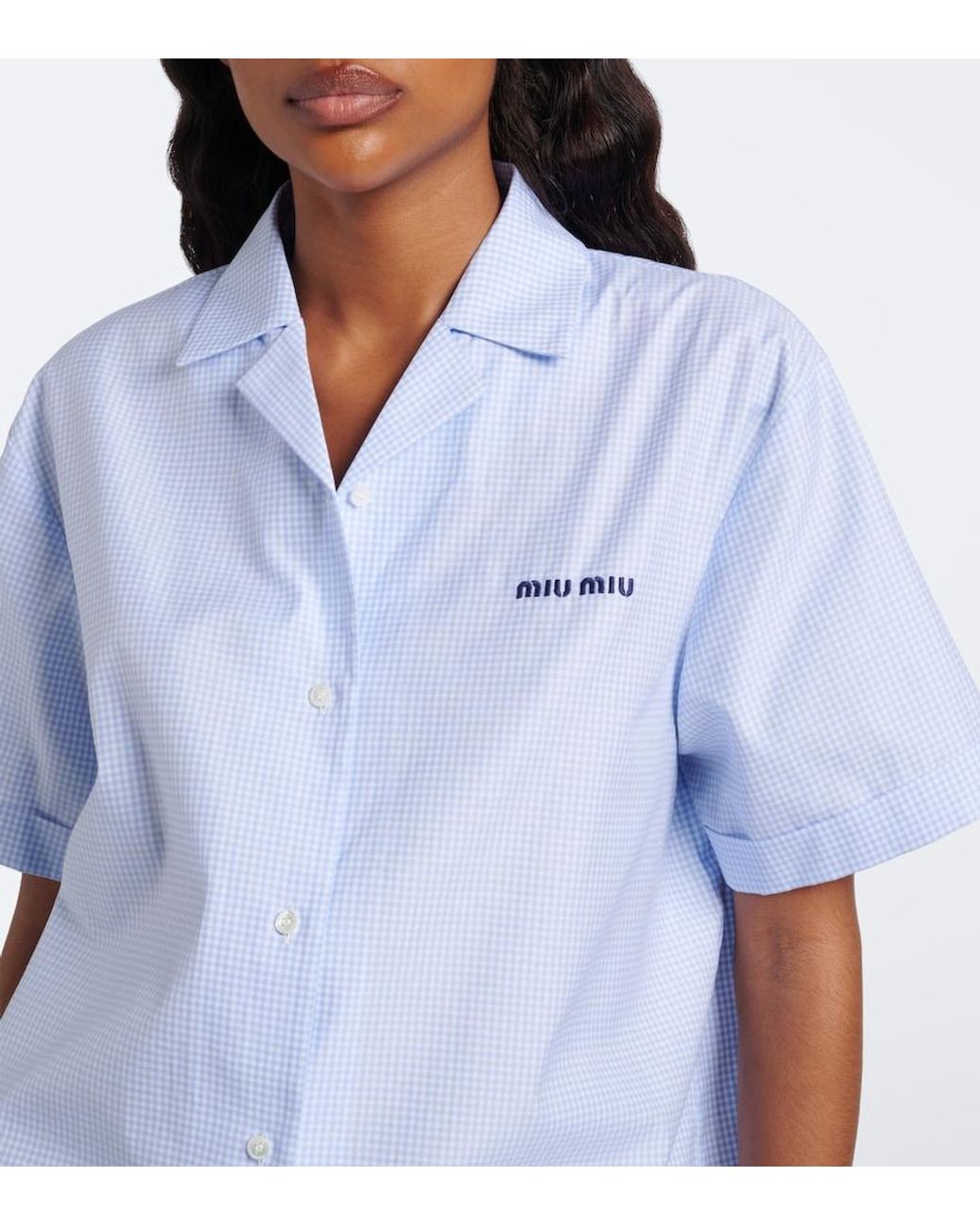 Miu Miu Blue Gingham Cotton Bowling Shirt