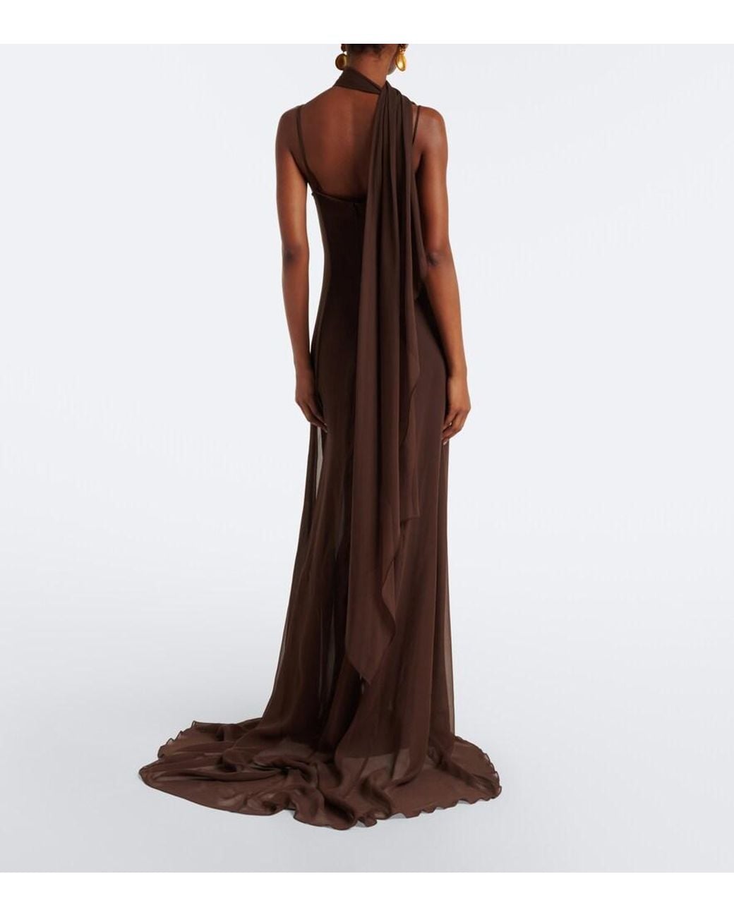 Blumarine Brown Scarf-Detail Draped Gown
