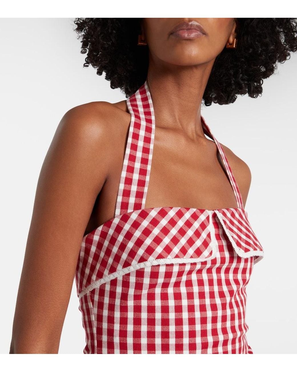 Posse Red Ebony Gingham Lace-Trimmed Cotton-Blend Midi Dress