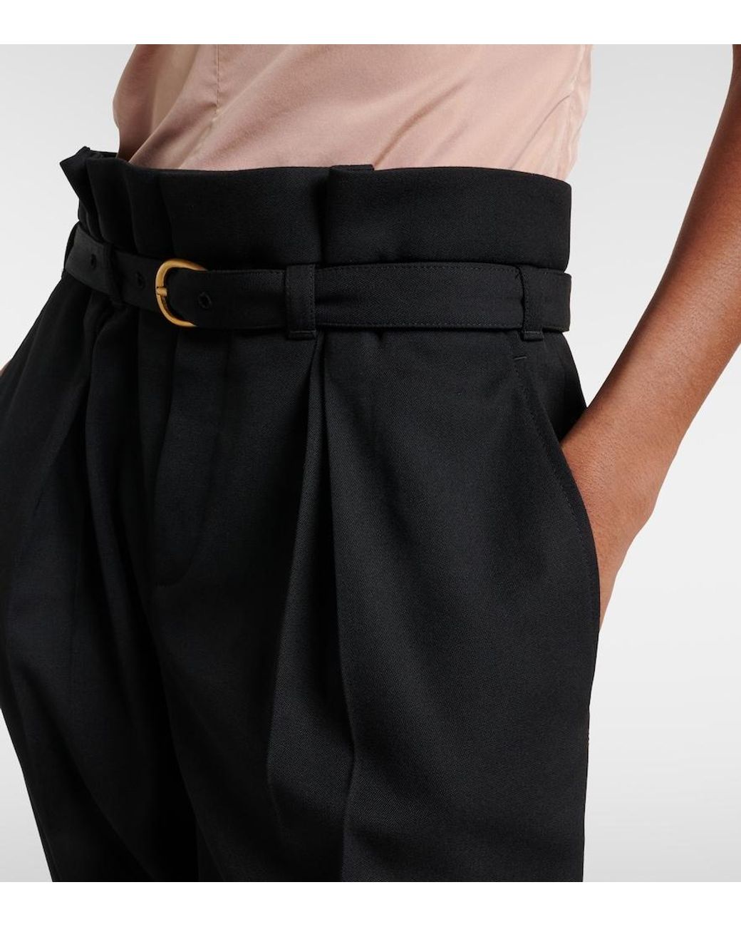 Chloé Black Belted Pleated Virgin Wool Tapered Pants