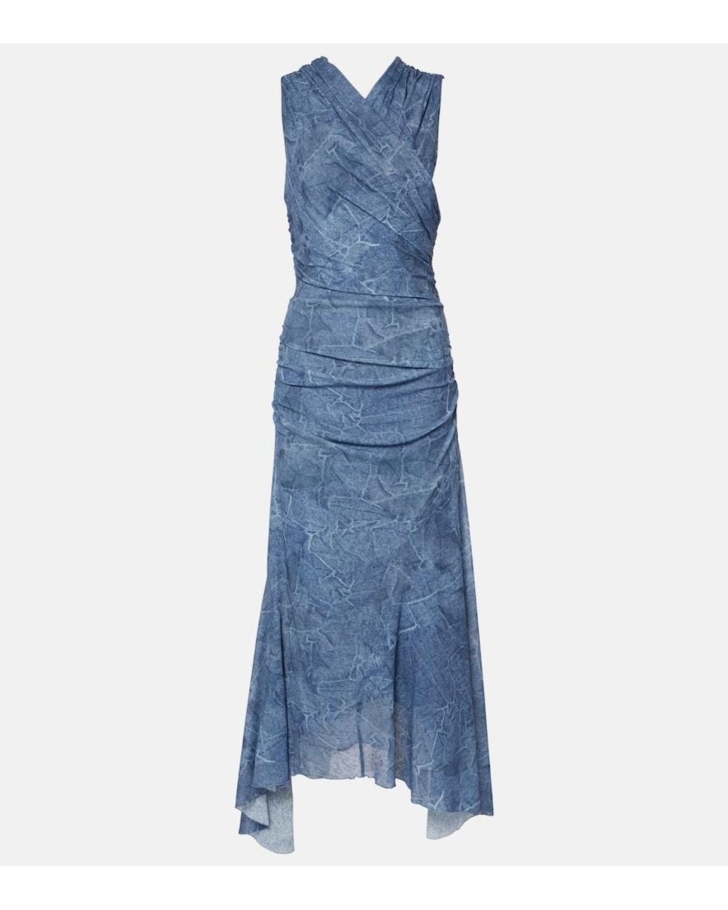 Ganni Blue Printed Ruched Mesh Maxi Dress