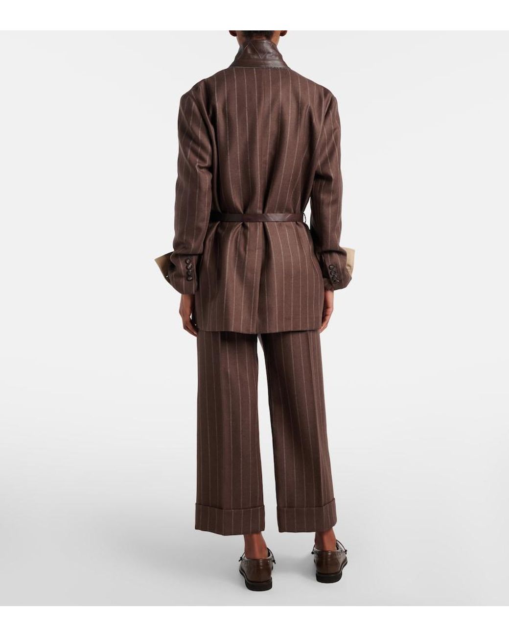 Brunello Cucinelli Brown Chalk Stripe Wool Cropped Flared Pants