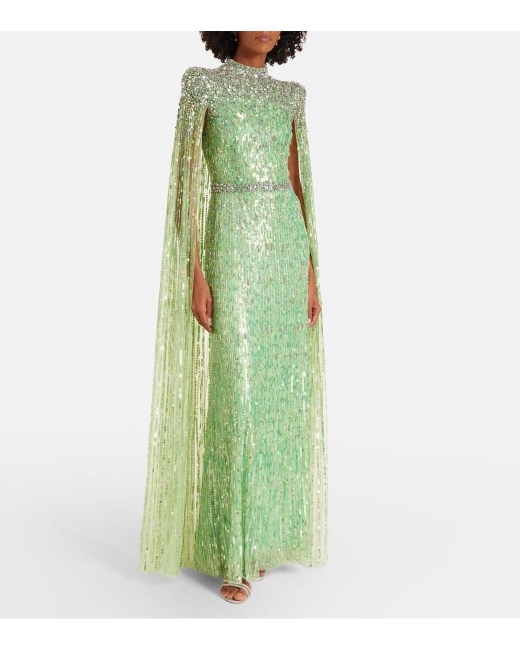 Jenny Packham Green Opera Embellished Caped Gown