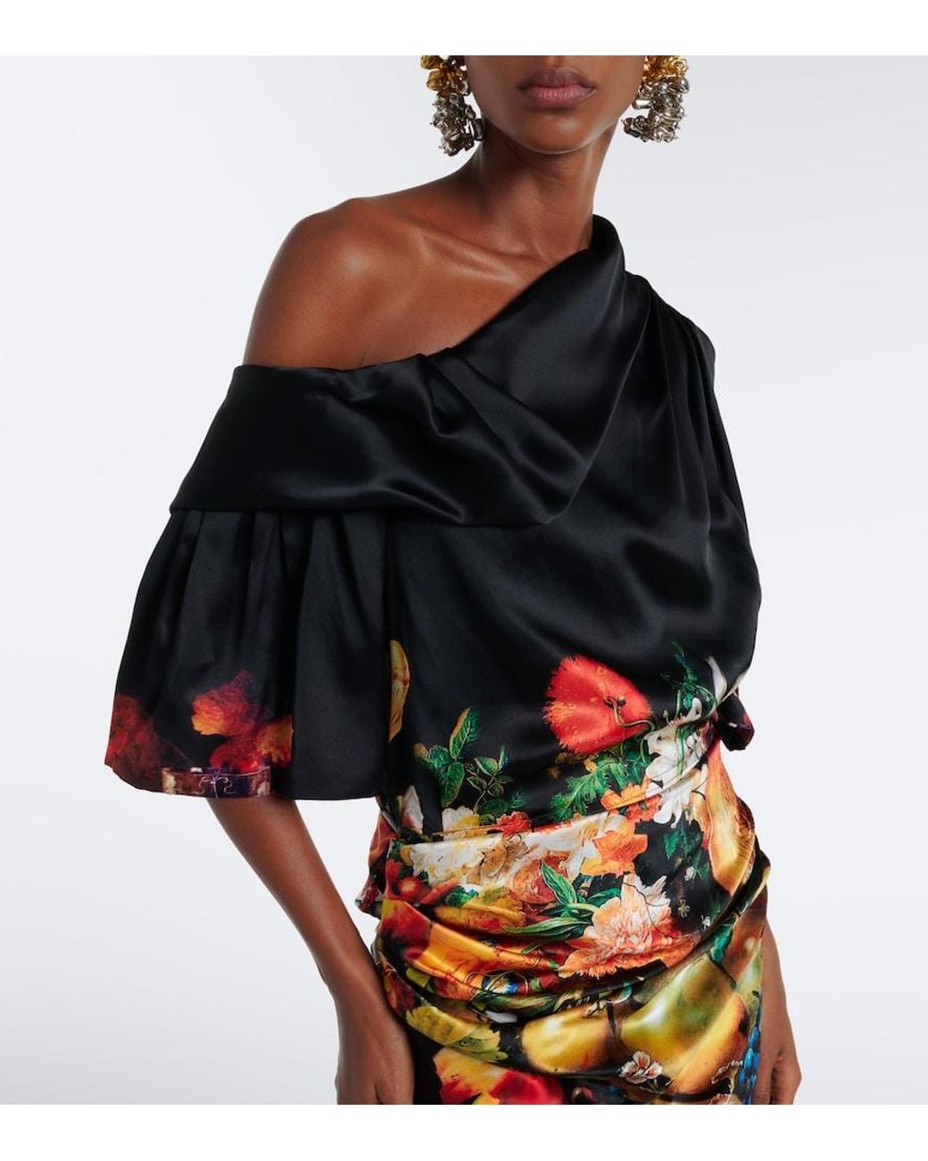Dries Van Noten Black Draped Printed Silk Satin Gown