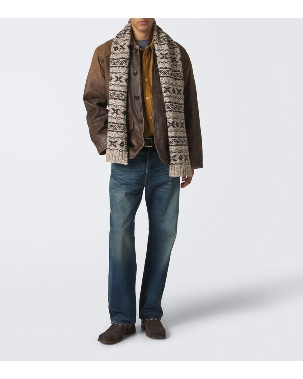 RRL Brown Corduroy-Trimmed Leather Jacket for men