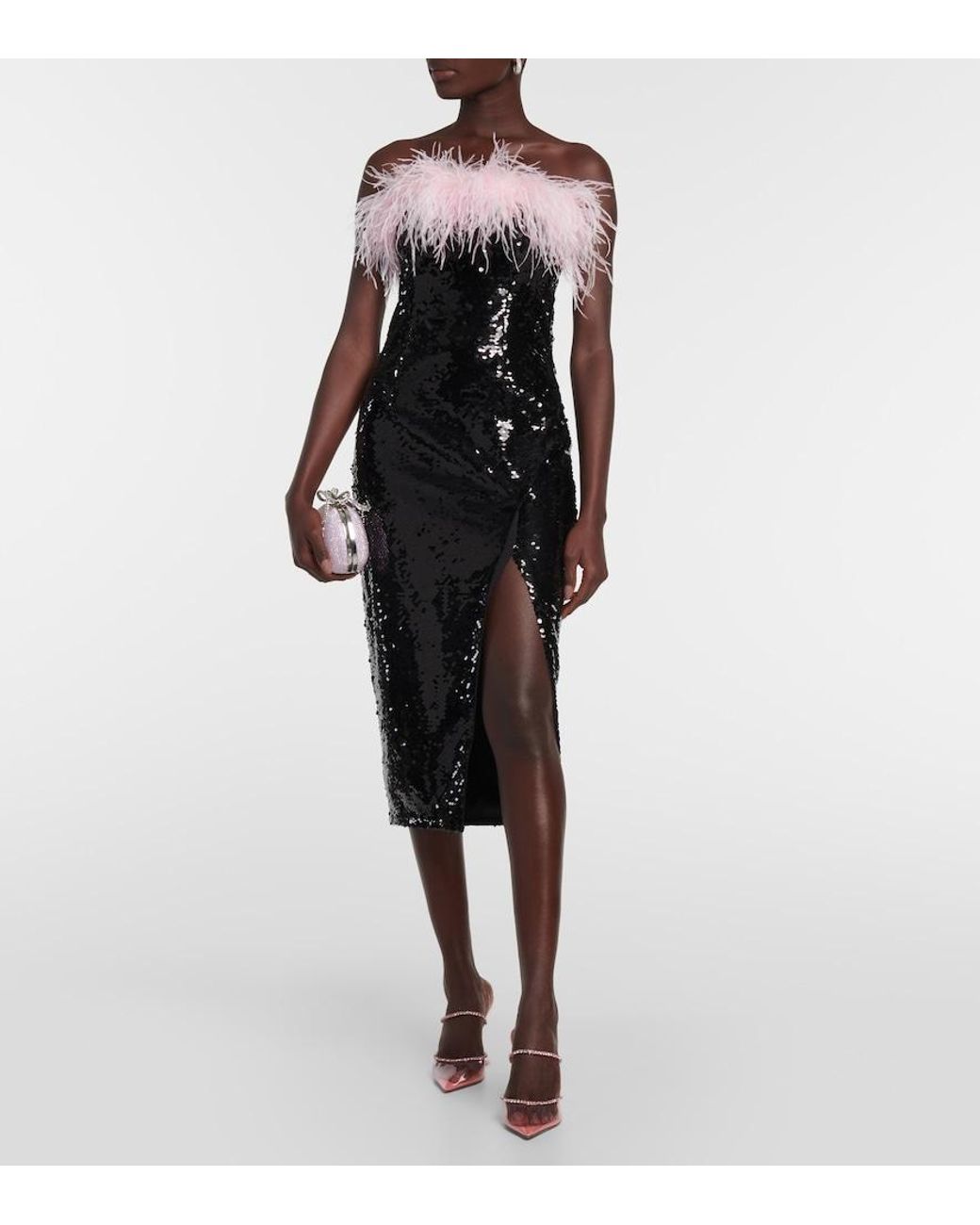 Self-Portrait Black Feather-Trimmed Sequined Midi Dress