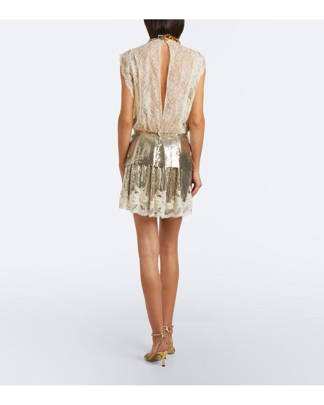 Rabanne Natural Lace-Trimmed Chainmail Miniskirt