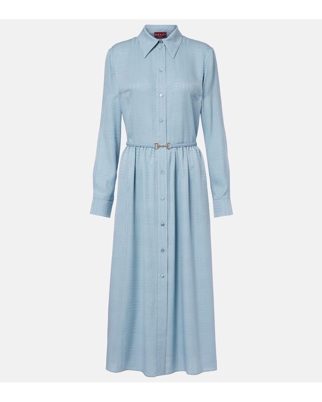 Gucci Interlocking G Belted Silk Shirt Dress in Blue