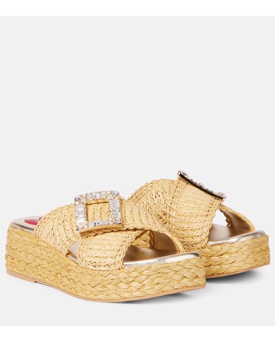 Roger Vivier Metallic Embellished Raffia Espadrille Slides