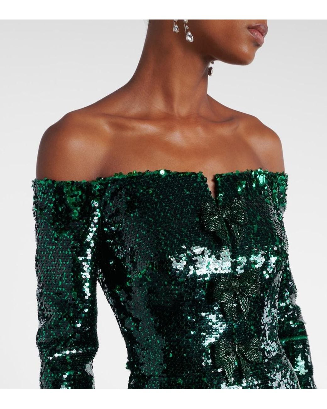 Elie Saab Green Sequined Off-Shoulder Gown