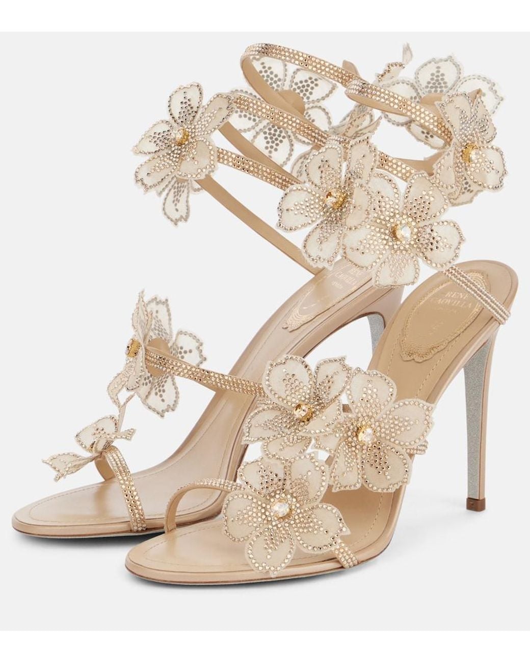 Rene Caovilla Natural Peach Flower Floral-Applique Satin Sandals