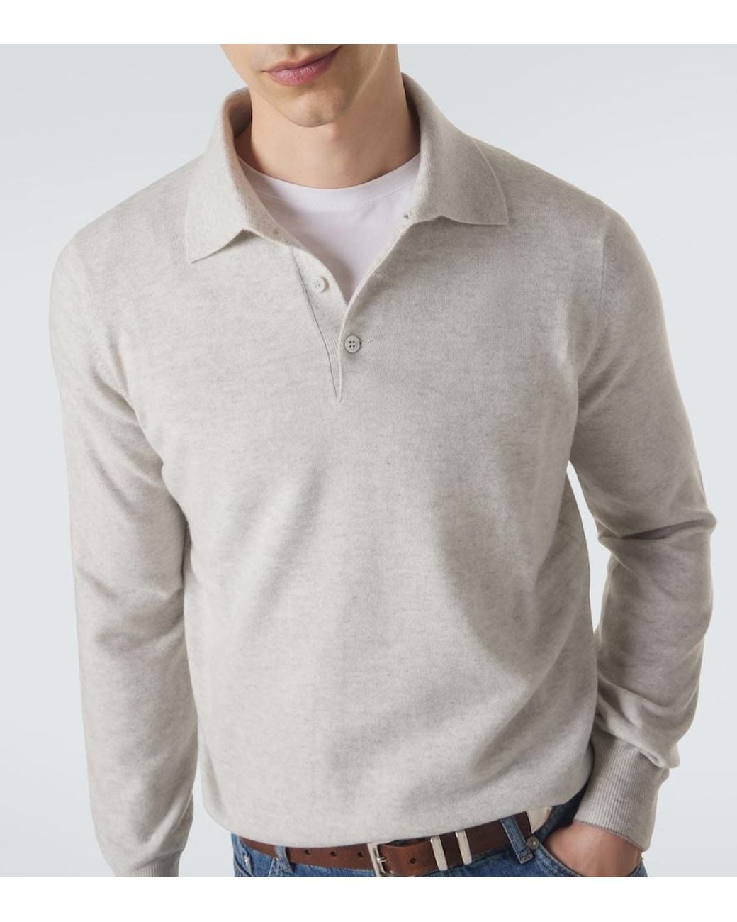 Brunello Cucinelli White Cashmere Polo Sweater for men