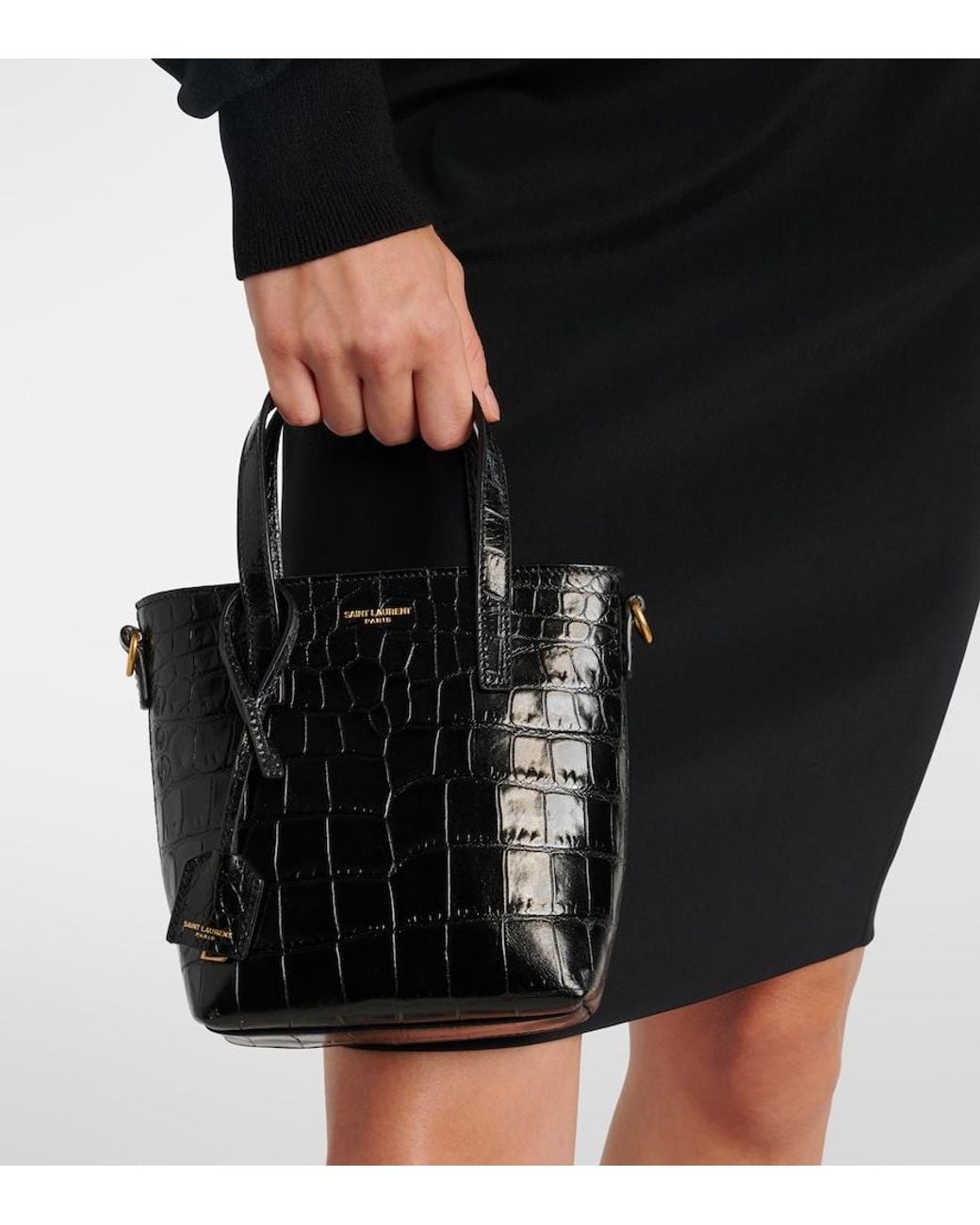 Saint Laurent Black Mini Toy Croc-Embossed Tote Bag