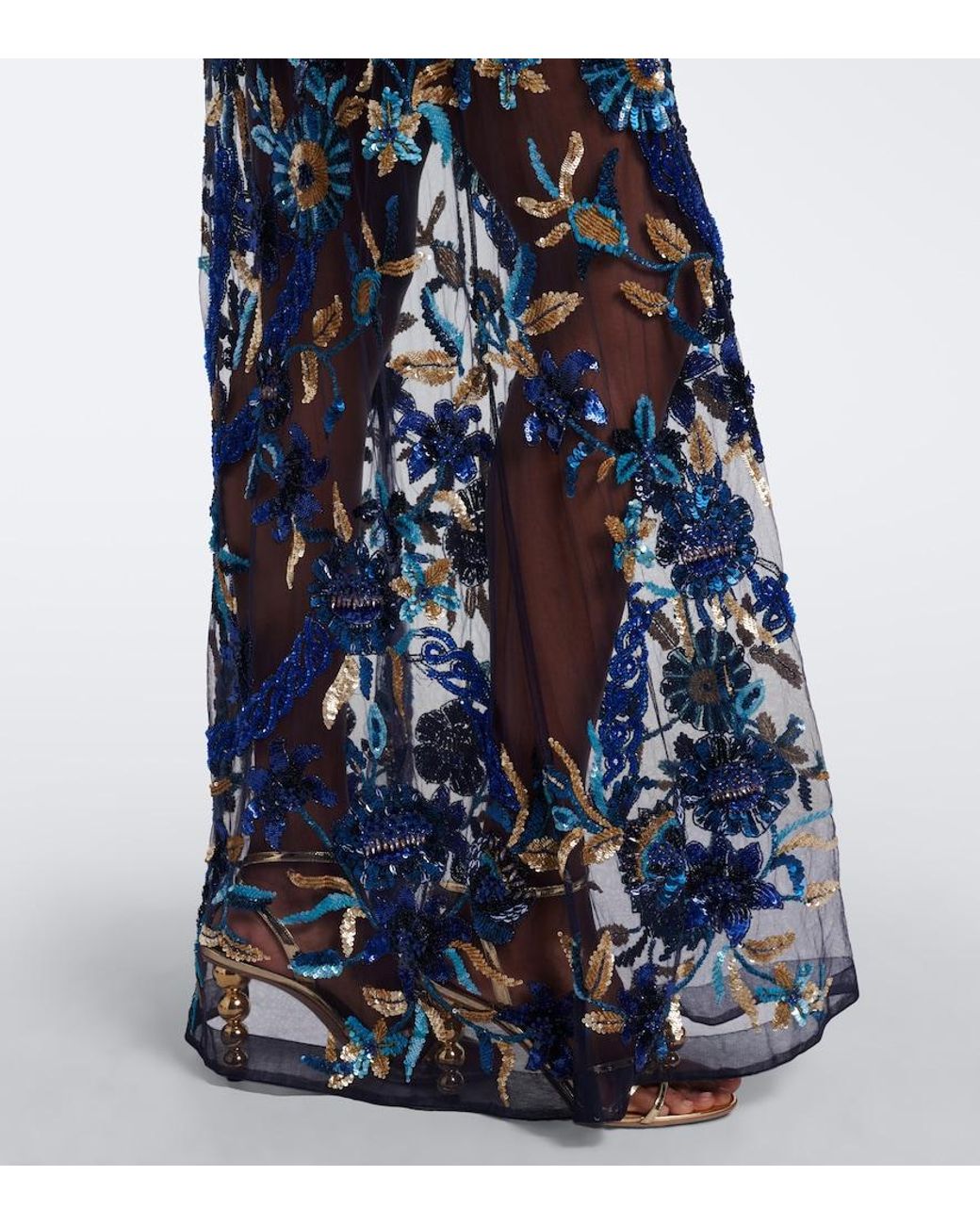 La Fuori Blue Embellished Floral Mesh Gown
