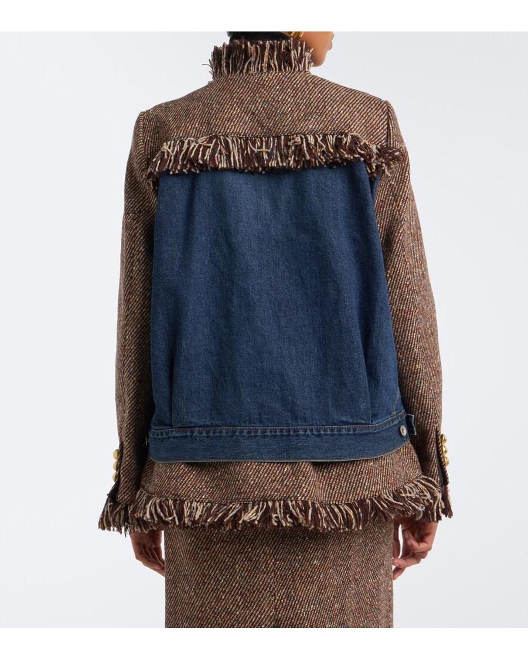 Sacai Brown Fringed Tweed And Denim Jacket