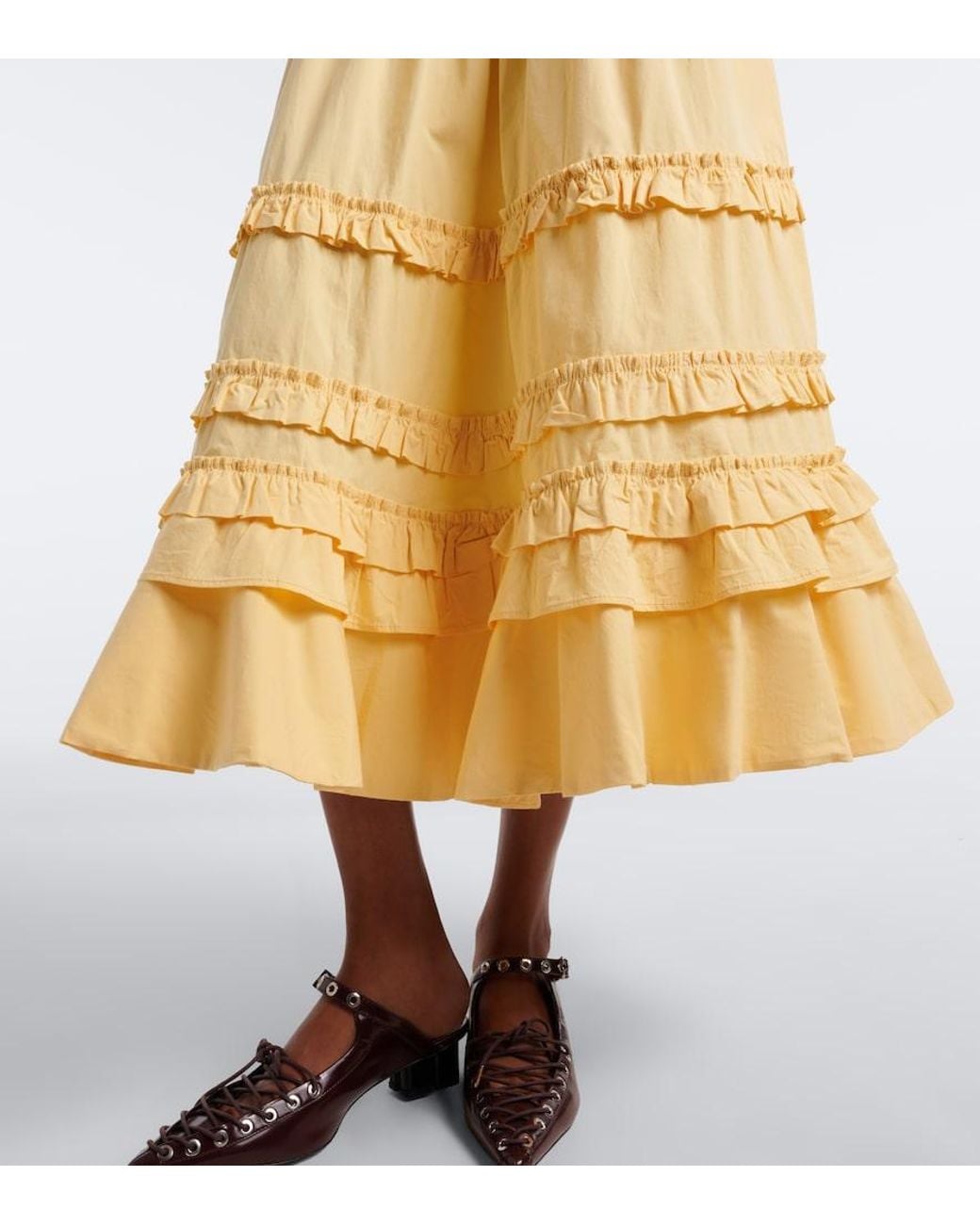 Ganni Yellow Ruffled Shirred Tiered Cotton-Blend Midi Skirt