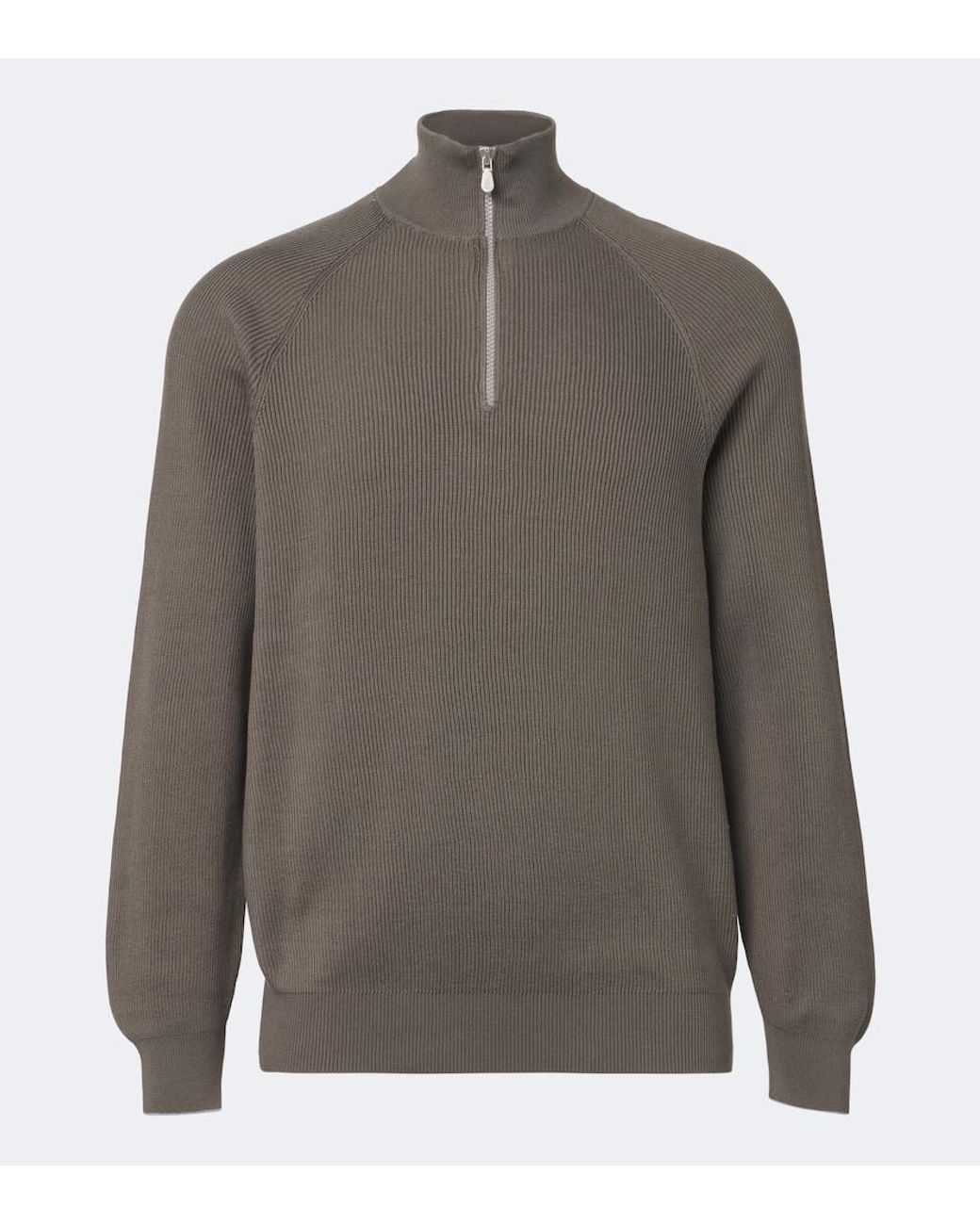 Brunello Cucinelli Gray Ribbed-Knit Half-Zip Cotton Sweater for men