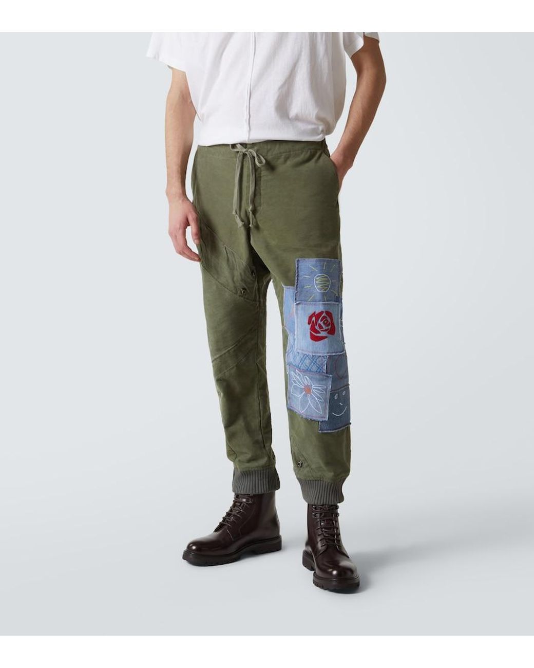 Greg Lauren Green Patchwork Cotton Sweatpants for men