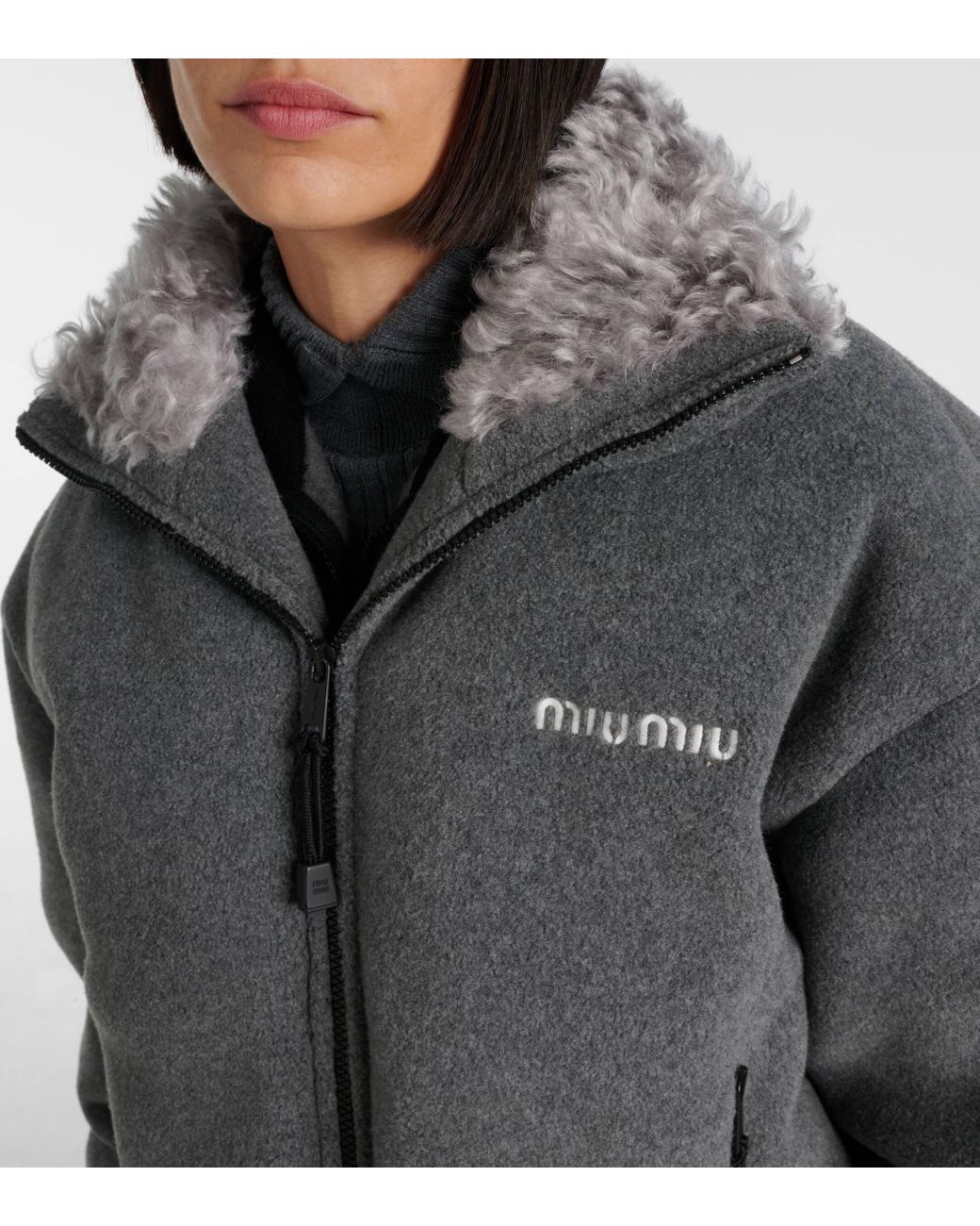 Miu Miu Faux Fur-Trimmed Fleece Down Jacket in Grey | Lyst UK