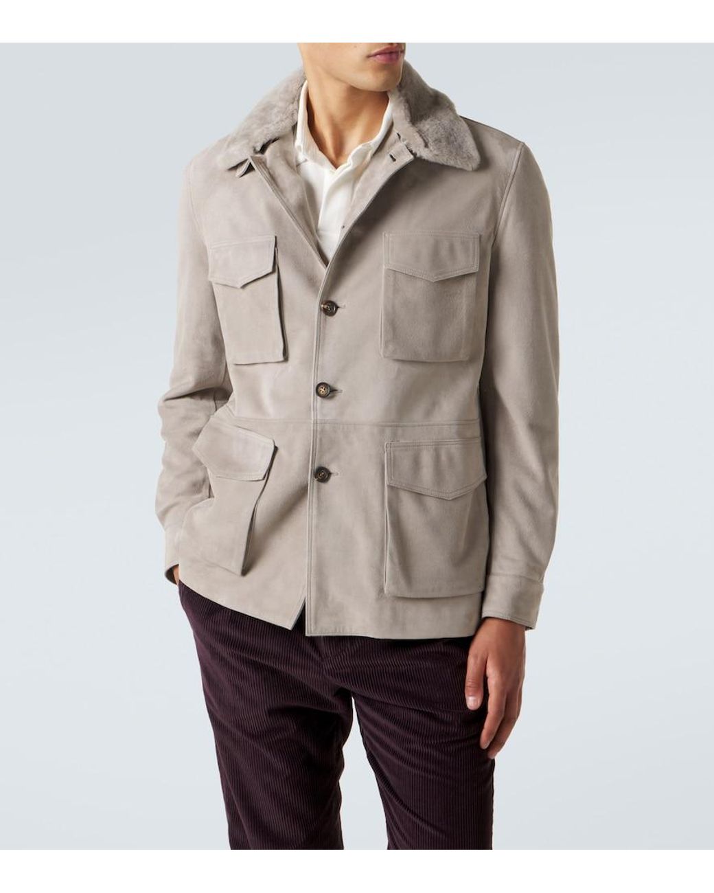 Eleventy Natural Shearling-Trimmed Suede Field Jacket for men