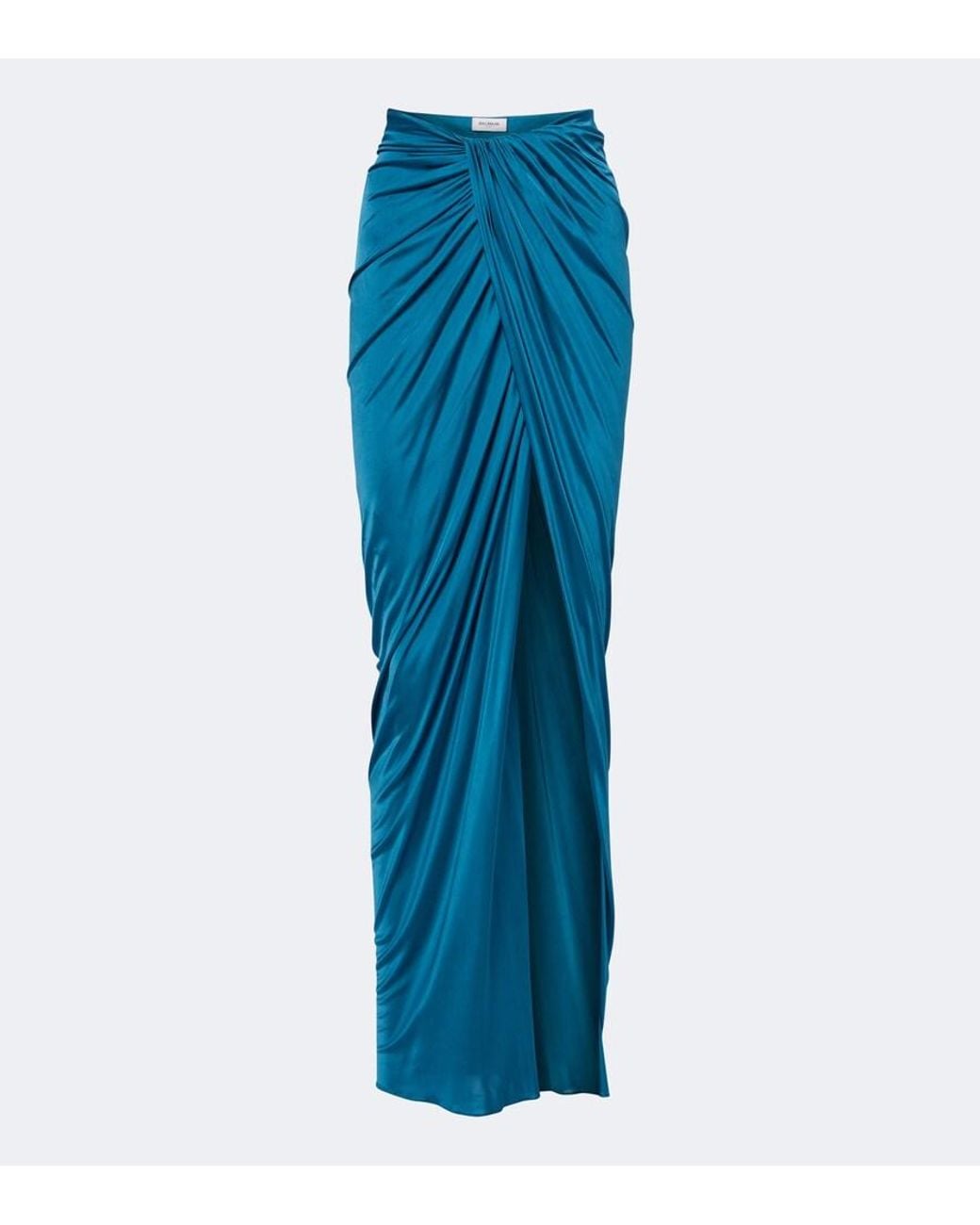 Balmain Blue Draped Satin Maxi Skirt