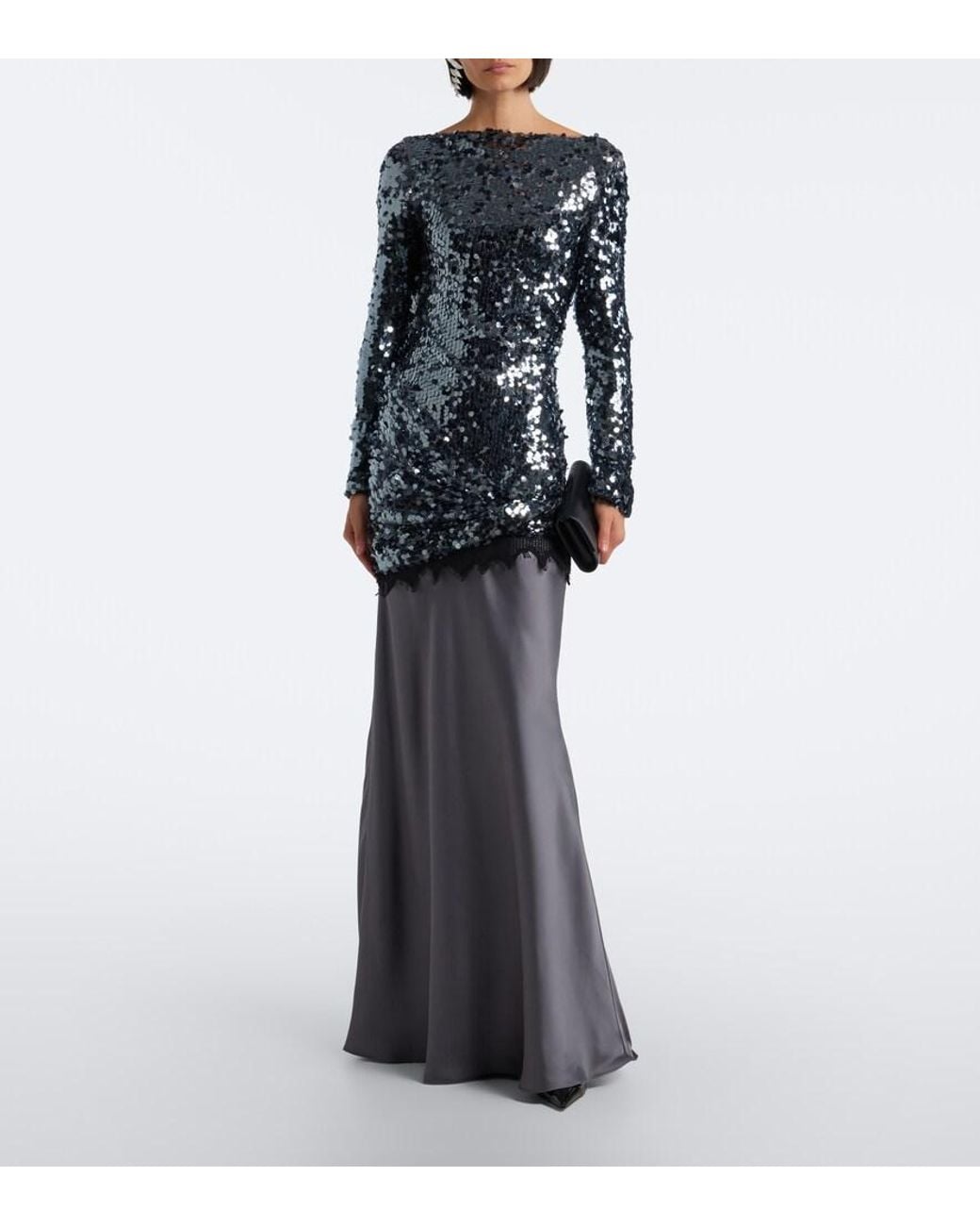 Christopher Esber Gray Lace-Trimmed Sequined Paneled Gown