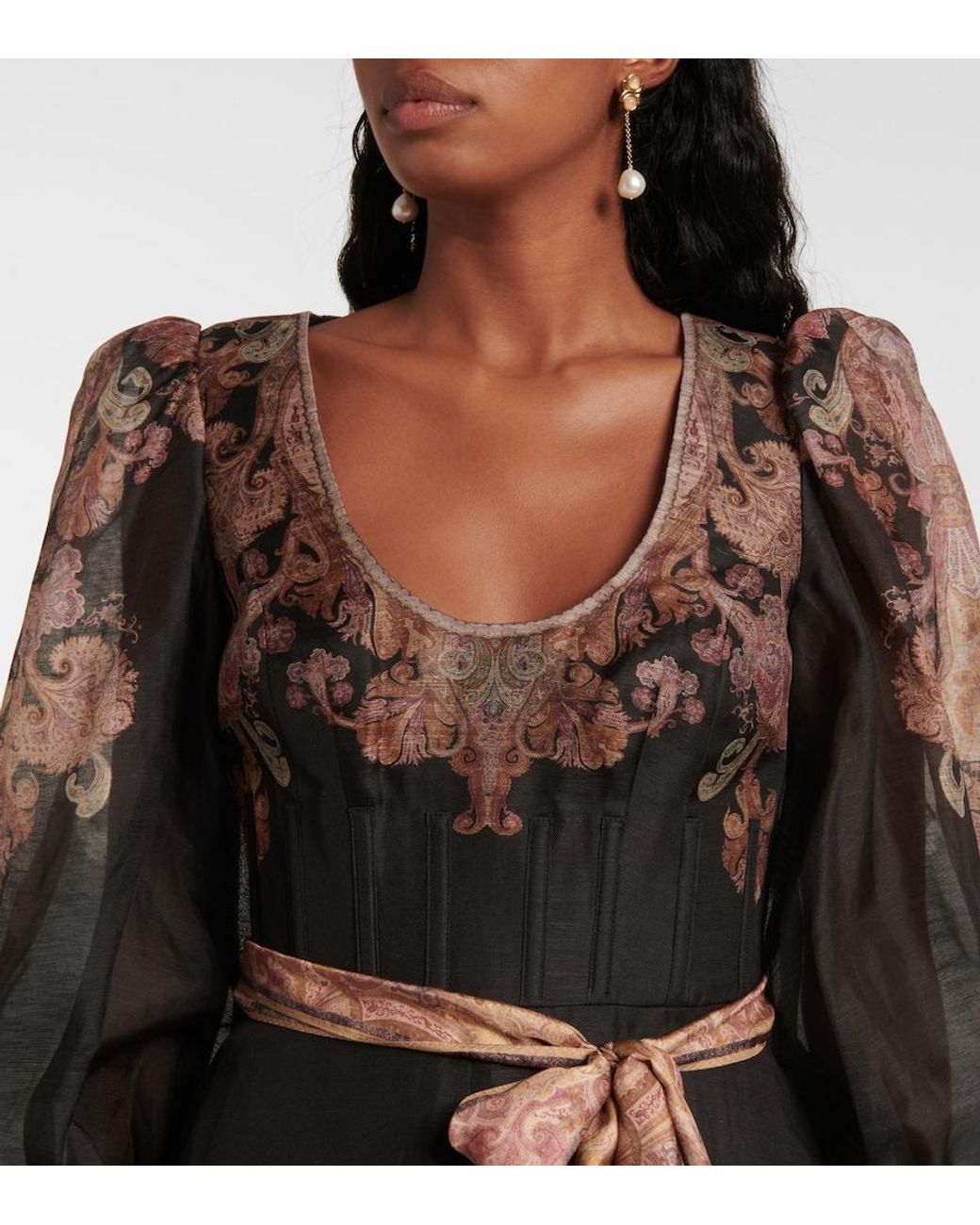 Zimmermann Black Printed Linen And Silk-Blend Organza Midi Dress