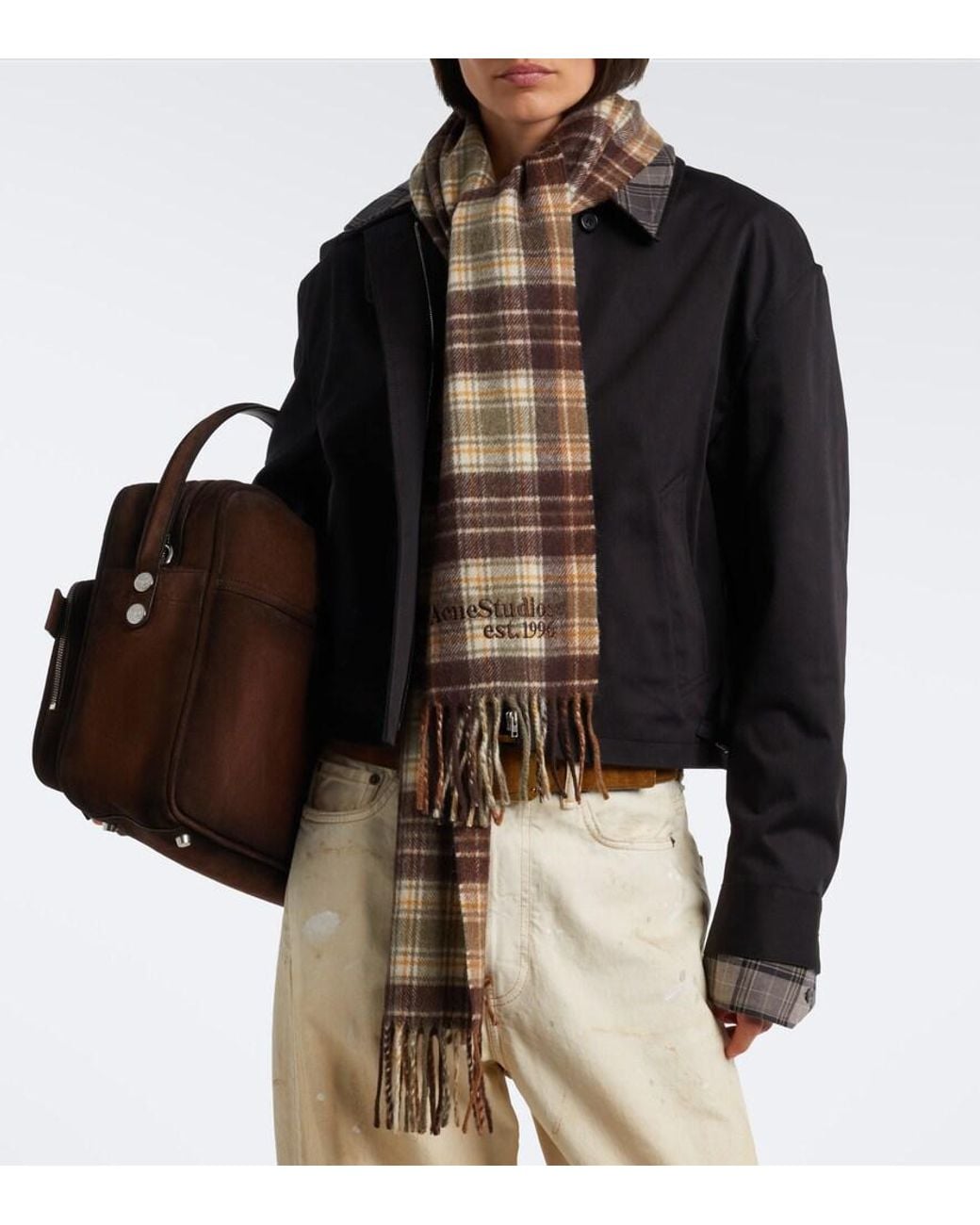 Acne Natural Checked Fringed Cashmere And Wool Scarf