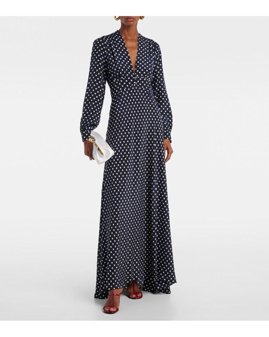 Rixo Blue Emory Polka-Dot Silk Maxi Dress