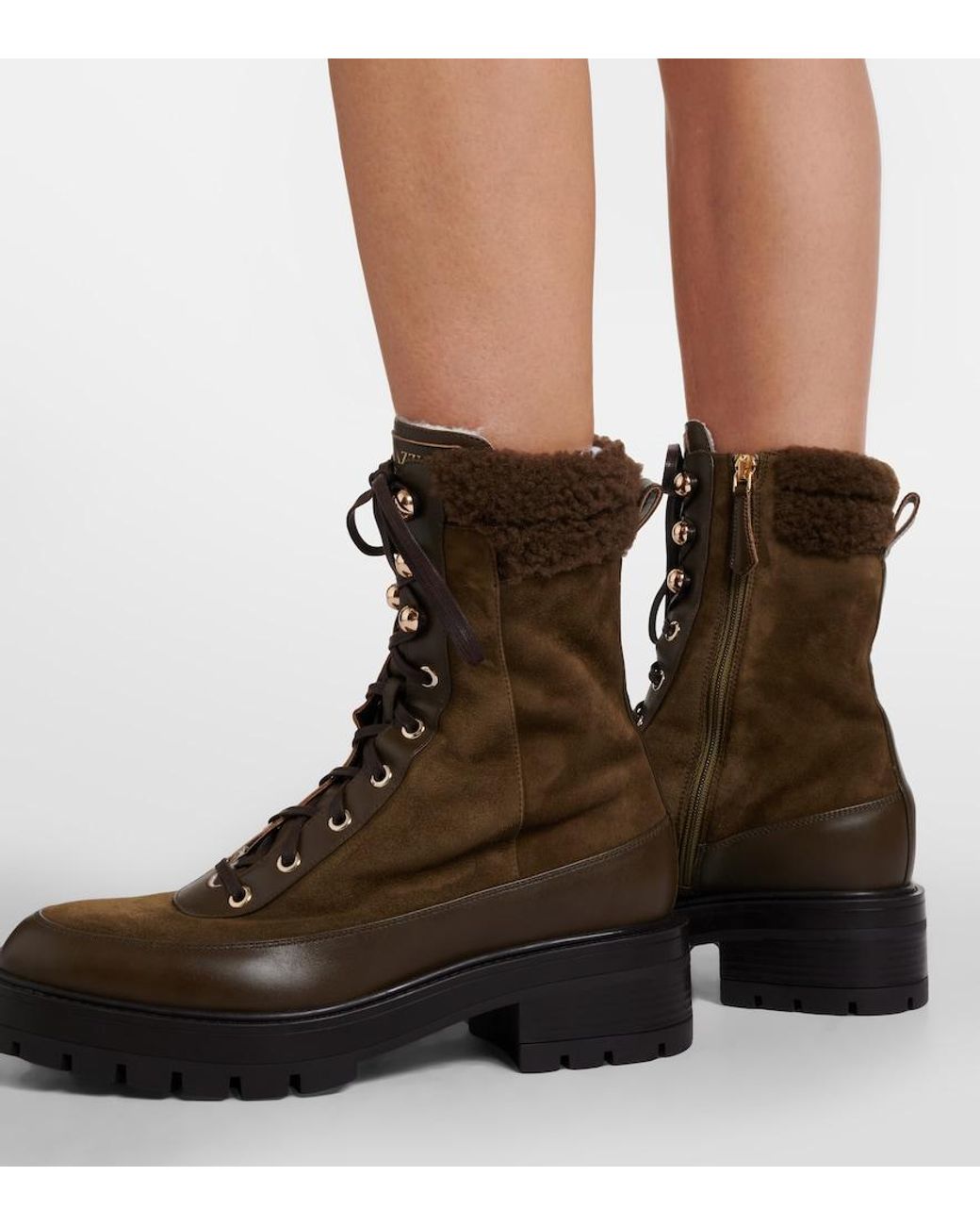 Aquazzura Brown Very Cortina Shearling-Trimmed Suede Lace-Up Boots