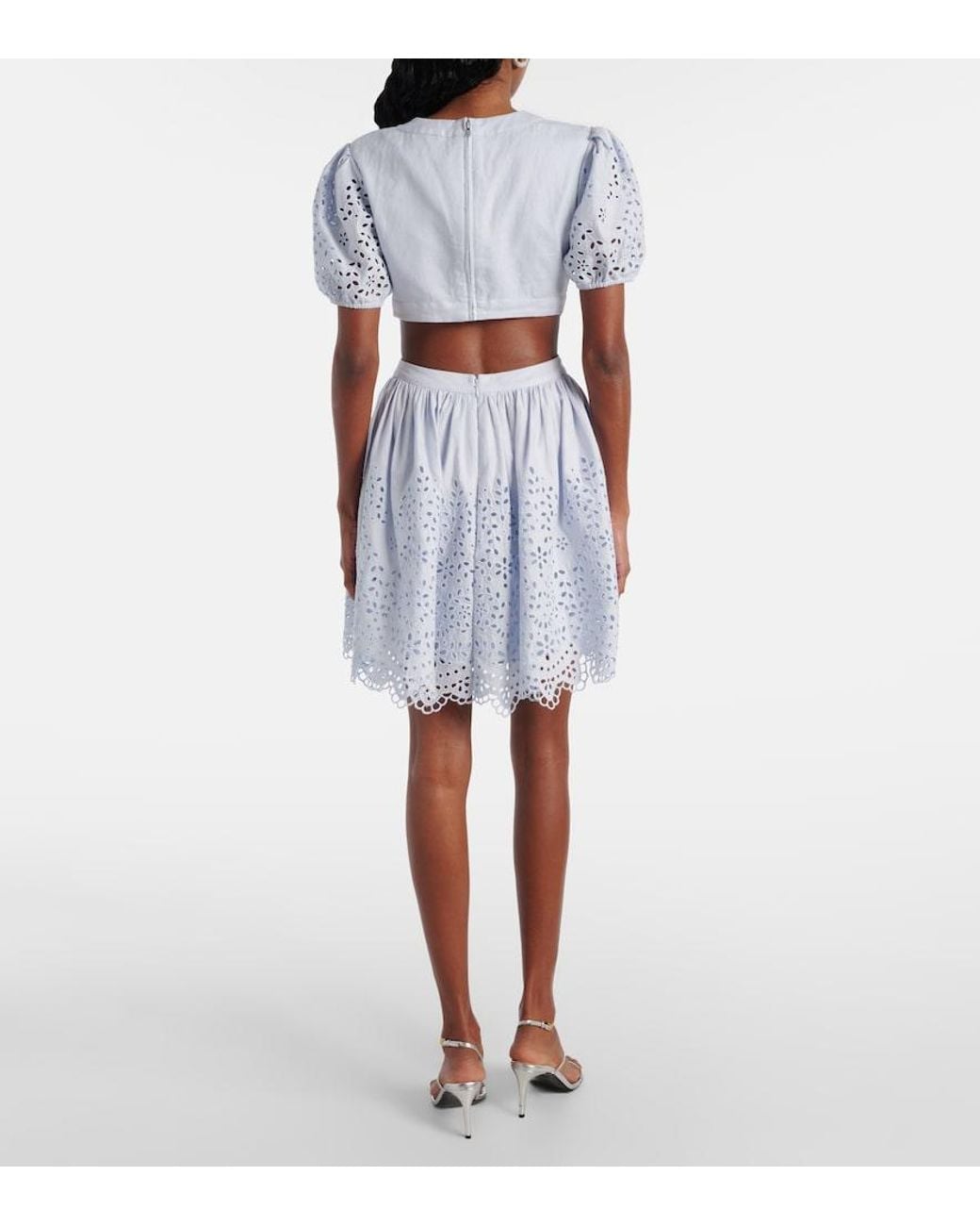 Self-Portrait Blue Embroidered Bow-Detail Cutout Minidress
