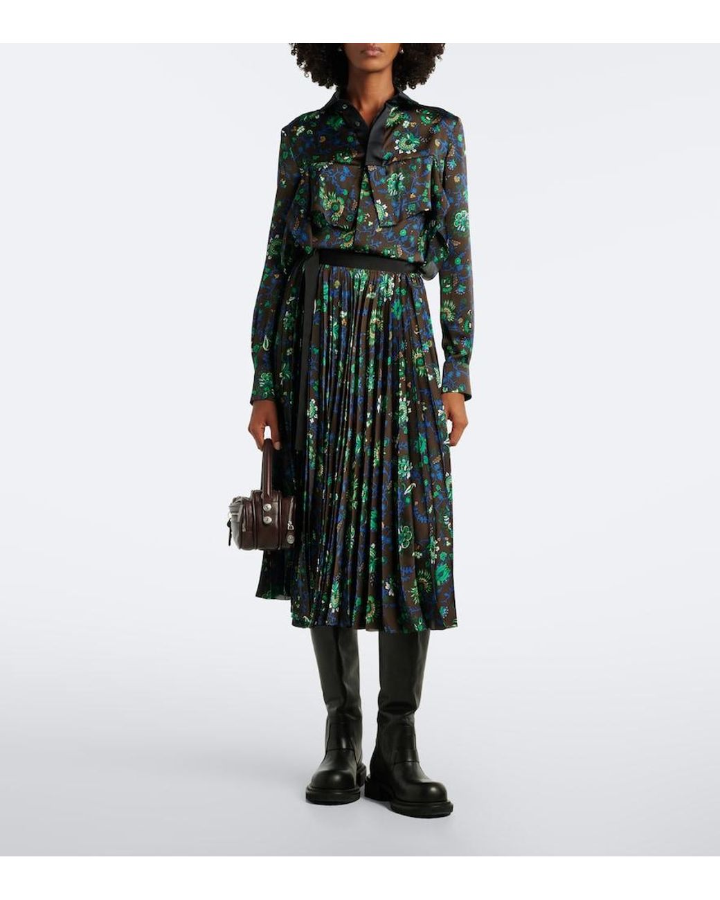 Sacai Green Floral Plisse Midi Skirt