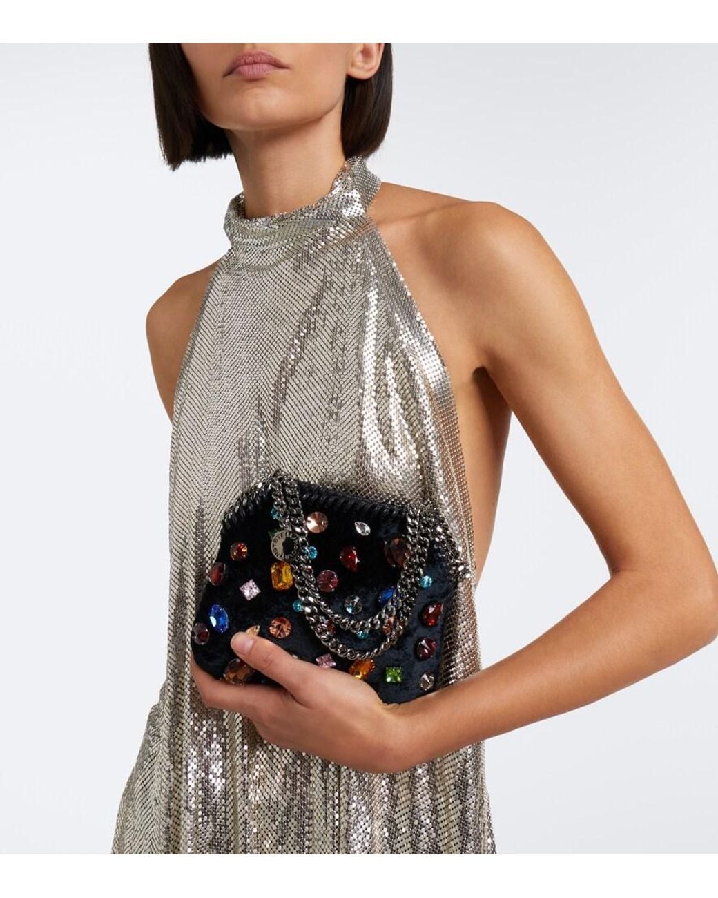 Stella McCartney Black Falabella Tiny Embellished Velvet Shoulder Bag