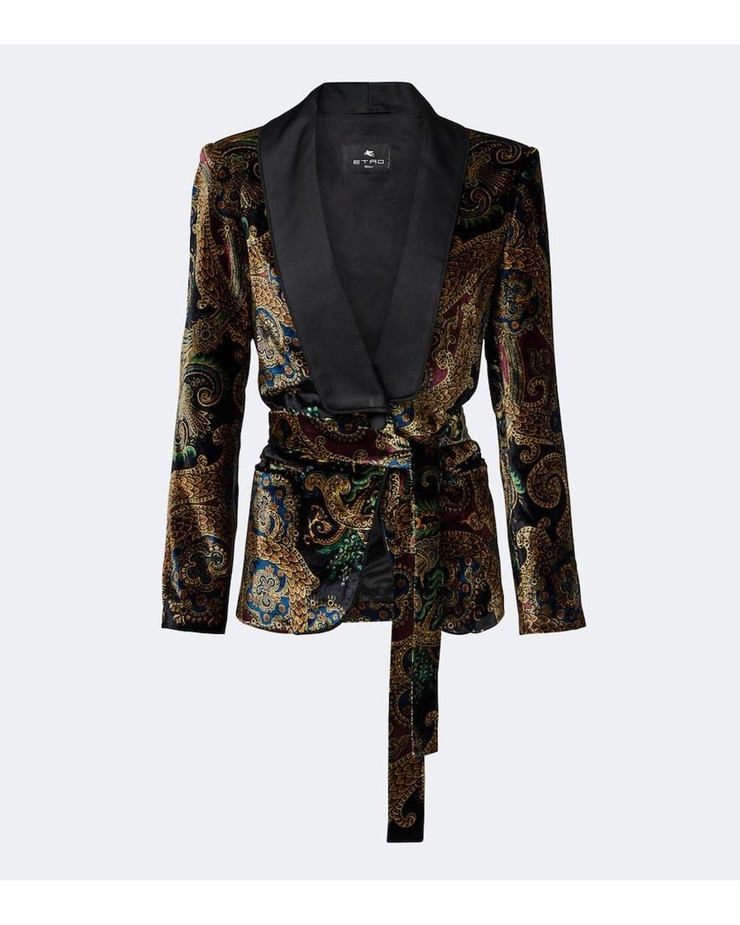 Etro Black Belted Paisley Satin-Trimmed Velvet Blazer