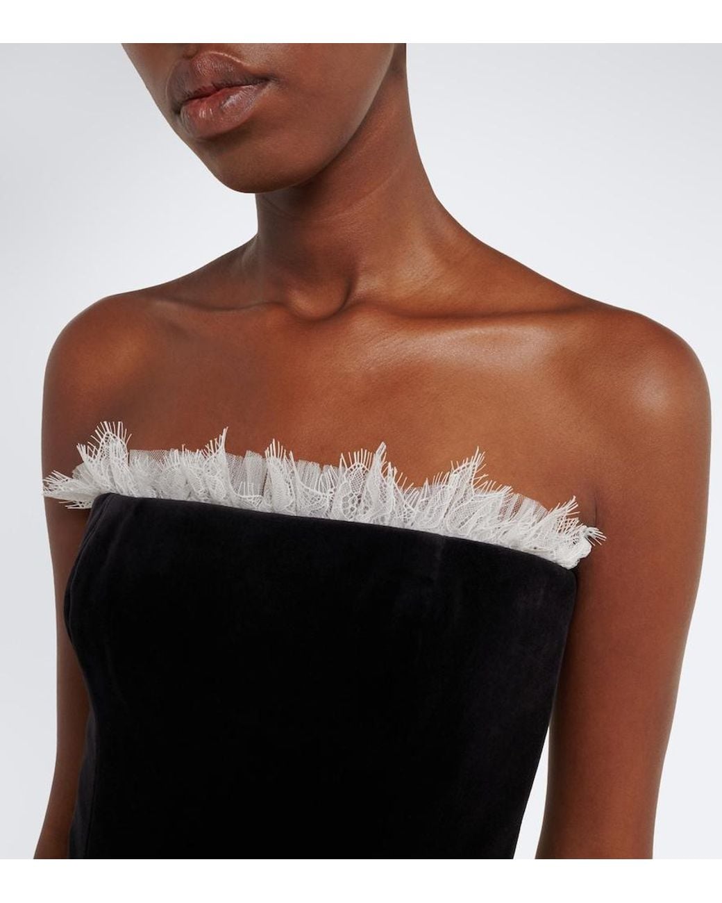 Costarellos Black Isabetta Lace-Trimmed Velvet Midi Dress