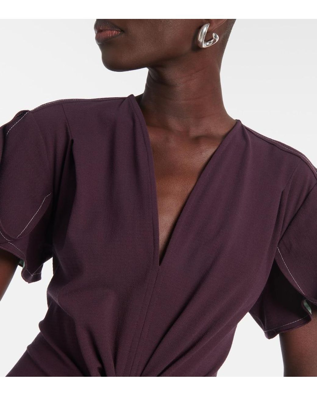 Victoria Beckham Purple Wool-Blend Gathered-Waist Midi Dress