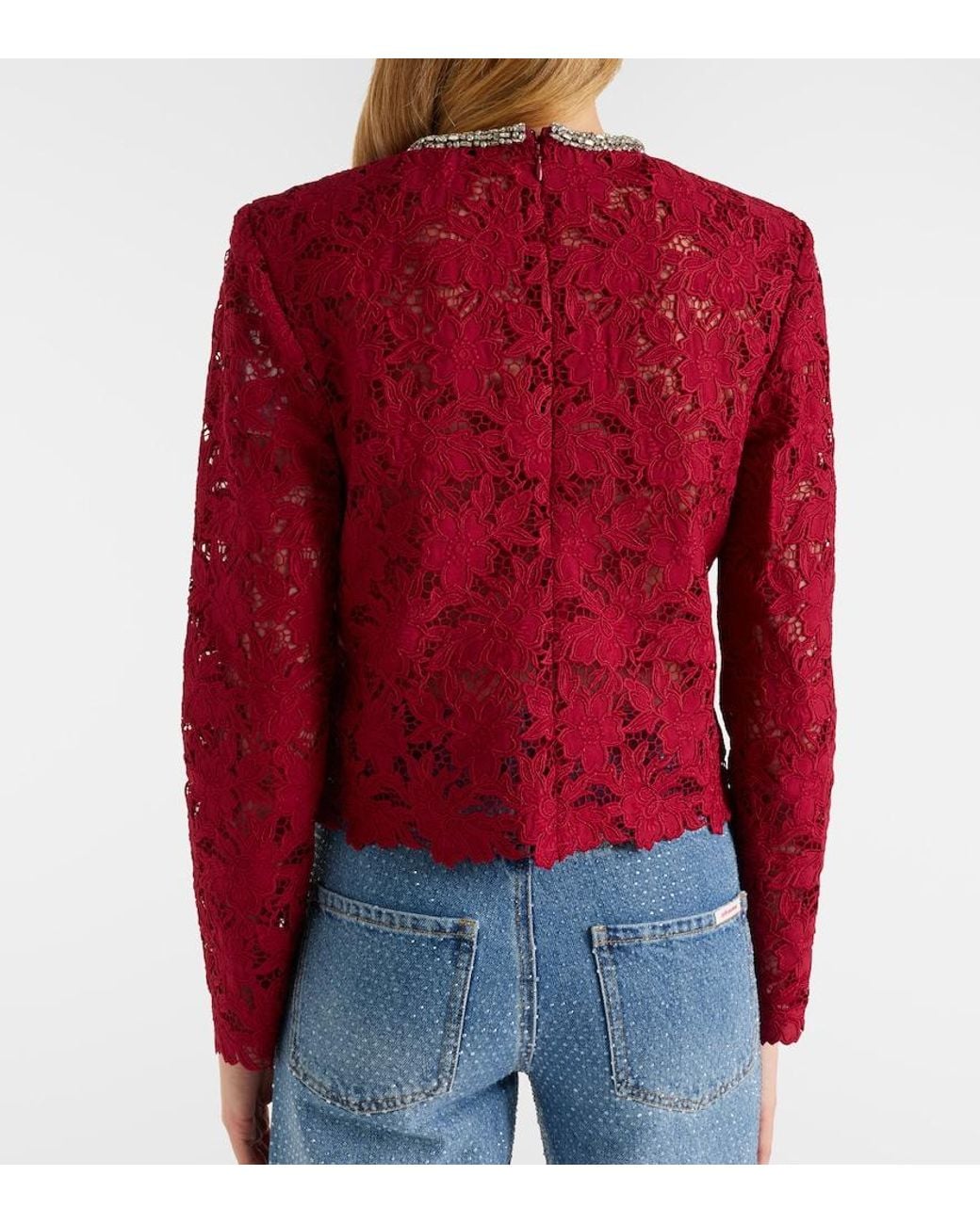 Self-Portrait Red Embellished Guipure Lace Top