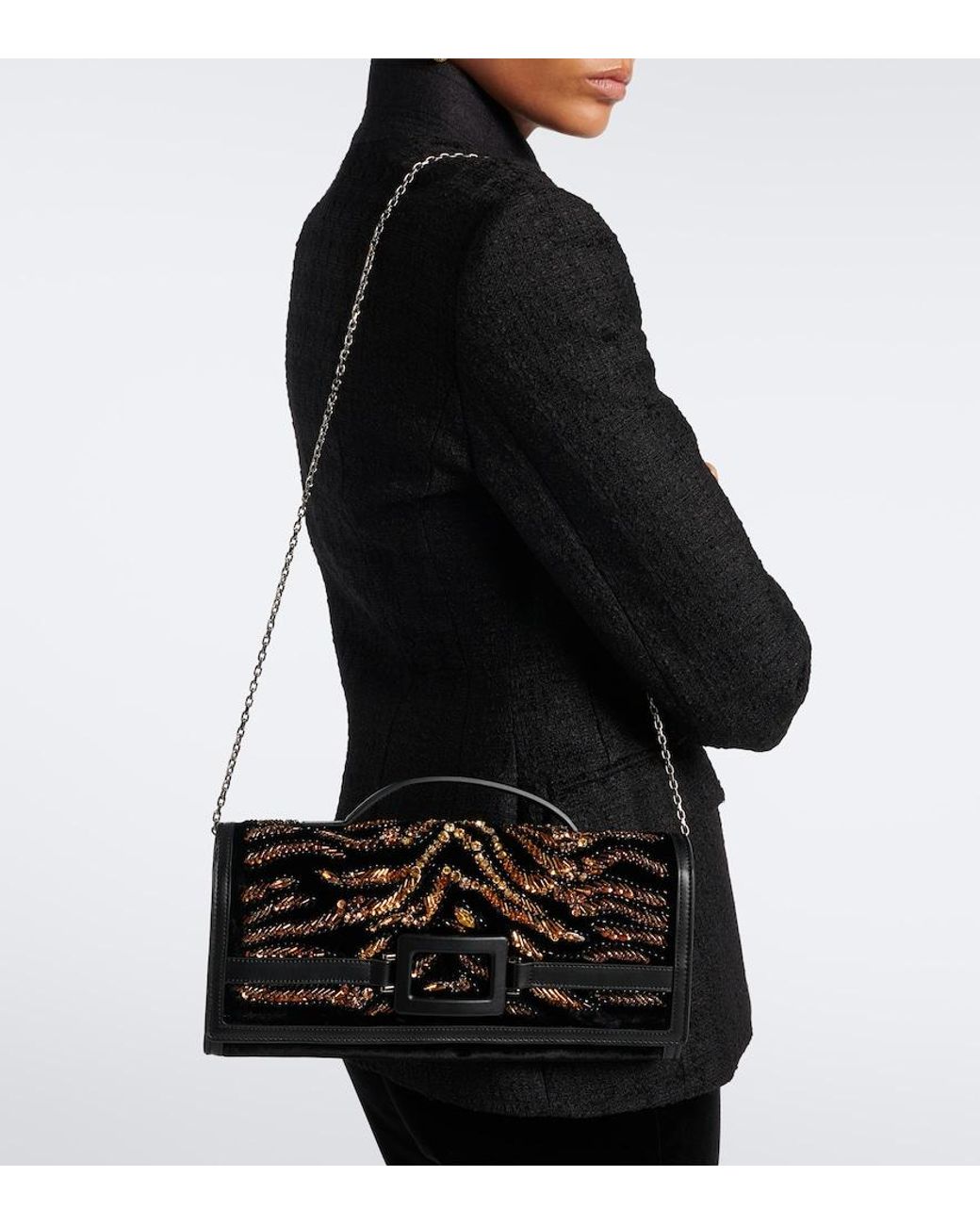 Roger Vivier Black Belle Vivier Embellished Velvet Clutch