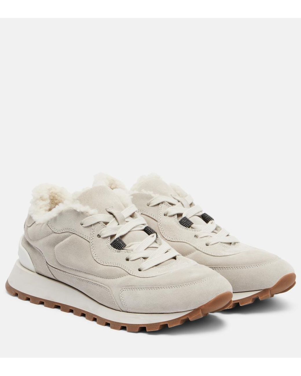 Brunello Cucinelli White Shearling-Lined Suede Low-Top Sneakers