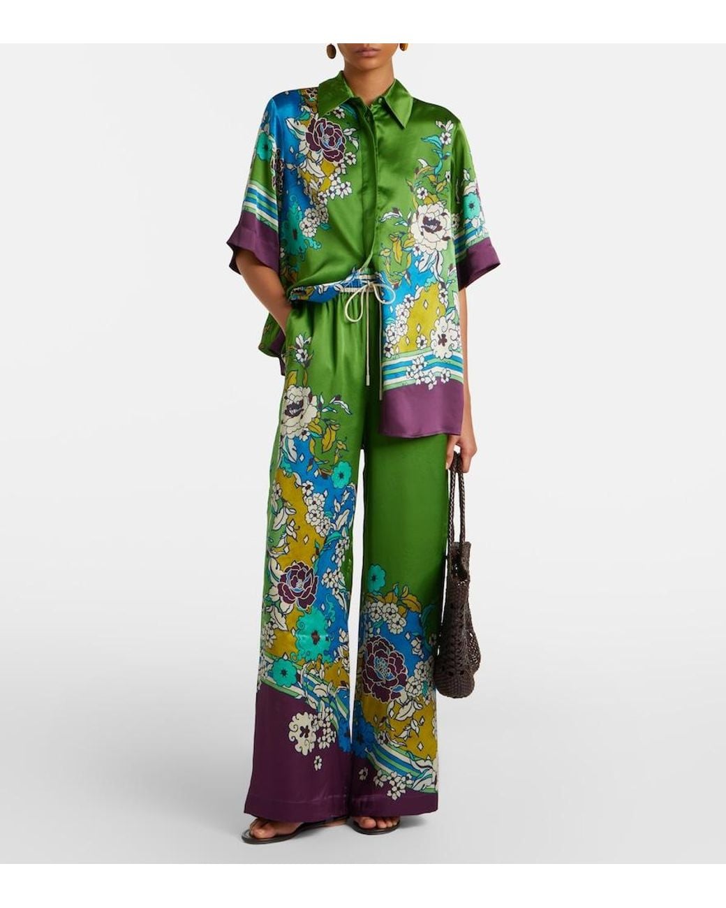 ALÉMAIS Green Nanci Printed Silk Satin Wide-Leg Pants